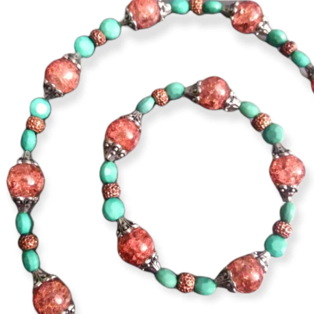 Hand crafted blown glass crackle Rose Gold Necklace and Bracelet matching set